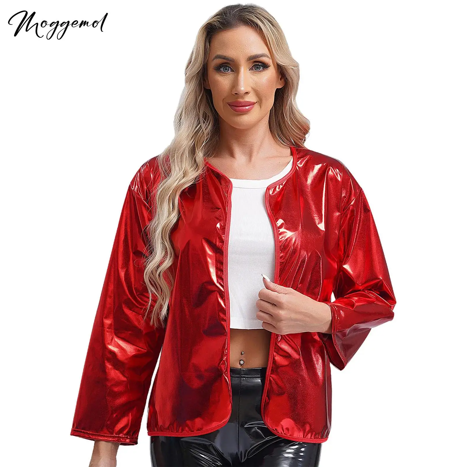 

Womens Shiny Metallic Cardigan Jackets Long Sleeve Open Front Coat Top Outerwear Music Carnivals Rave Party Costumes Streetwear