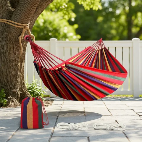 Hammock Double Outdoor Double Hammock 2 Person Canvas Cotton Hammock with Tree Straps for Patio Garden Backyard Outdoor and Indoor (Red, Blue)