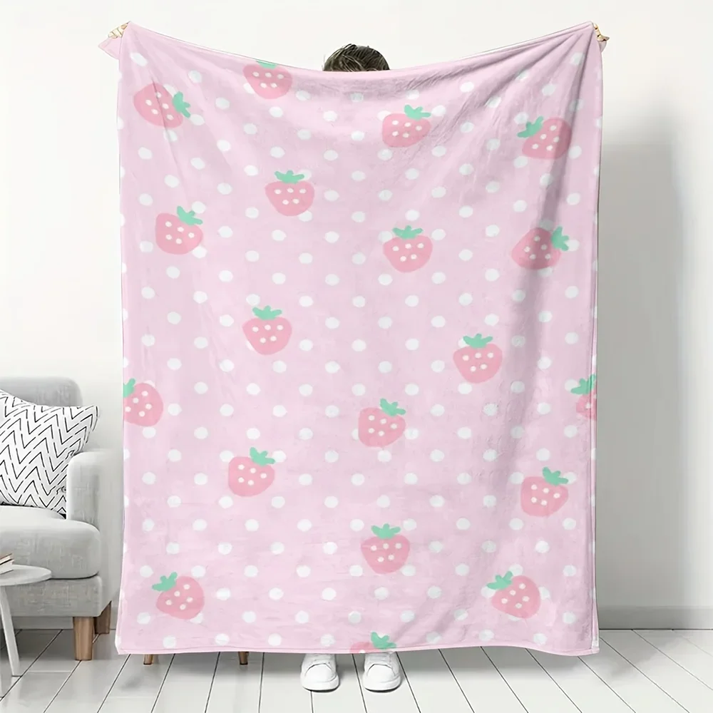 1pc  Pink Strawberry Polka Dot Flannel Throw Blanket Soft Cozy Cute Kawaii Blanket for Bedroom Living Room Dorm Decor