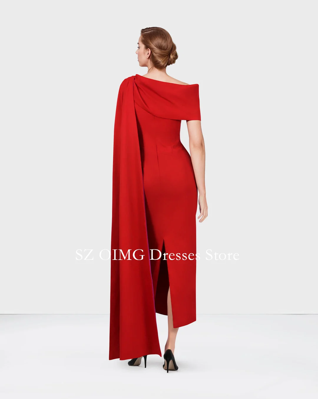 OIMG 2024 New Women\'s Maxi Crepe Satin RED SHOULDER OFF DRESS WITH SIDE CAPE Prom Dress Party Dress Customized