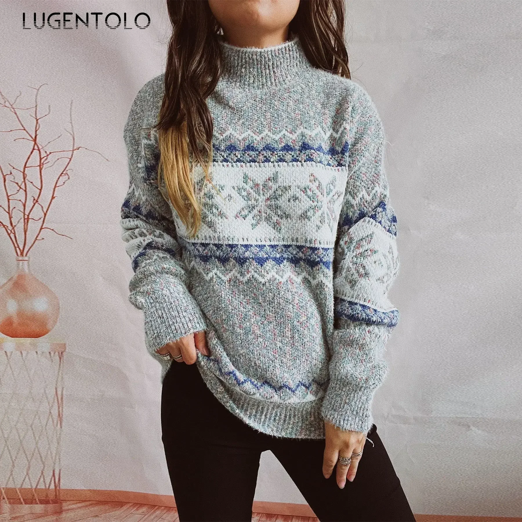 

Women Thickened Knitted Sweater Snowflakes New Atutumn Winter Lady Casual Half High Collar Long Sleeve Clothing Lugentolo