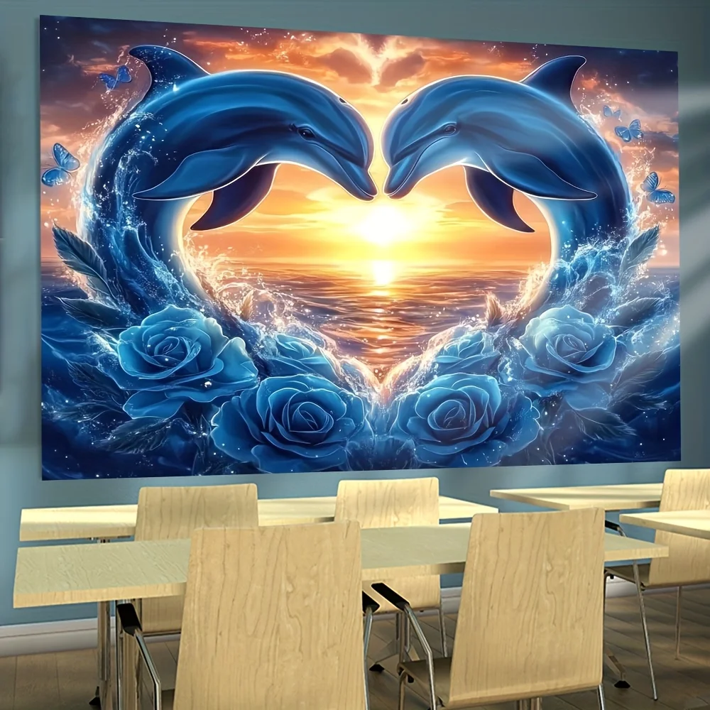 Blue Dolphin Couple Wall Tapestry Ocean Sunset Decor Marine Life Art Polyester Hanging Wall Poster for Bedroom Living Room Home