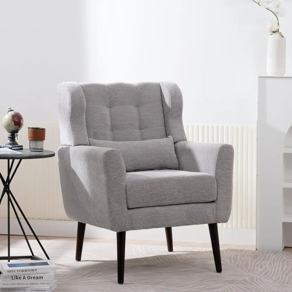 Poltrona Decorativa, Cadeira Confortável Estofada para Sala de Estar com Encosto Alto e Almofada, Poltrona de Leitura Wingback com Estrutura de Madeira Maciça