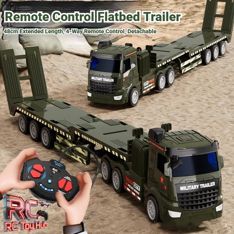 

Remote Control Large Military Camo Flatbed Transporter With Foldable Rack Simulated Trailer Toy Truck For Boys Kids ToddlersGift