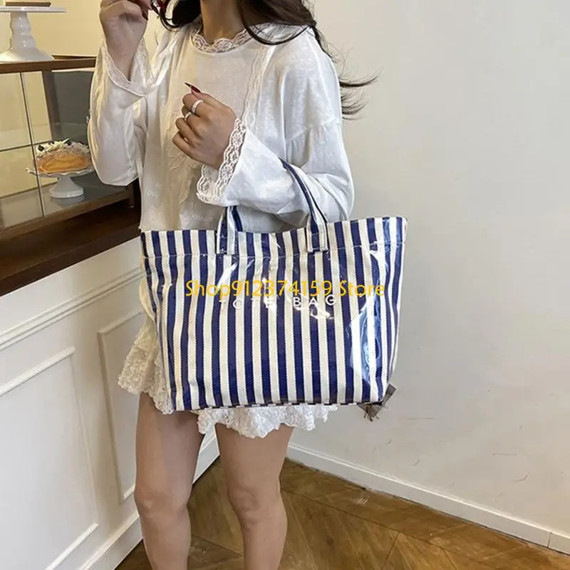 

G5AE Сумка-шоппер в современном дизайне с цветными блоками. Прозрачная сумка с верхней ручкой и полосатыми деталями для офиса и