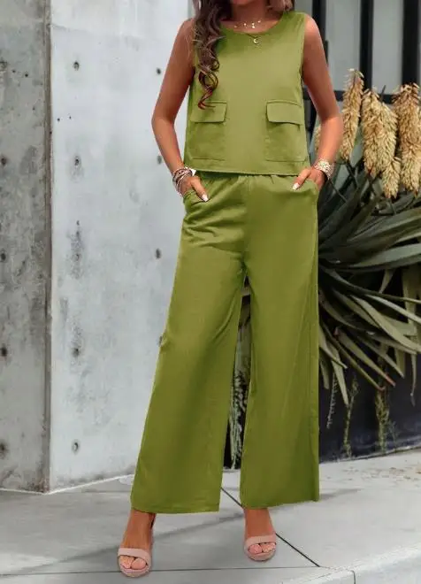 

Summer 2025 Women's Fashionable Solid Color Casual 2-Piece Round Neck Sleeveless Vest Top and High Waisted Wide Leg Pants Set