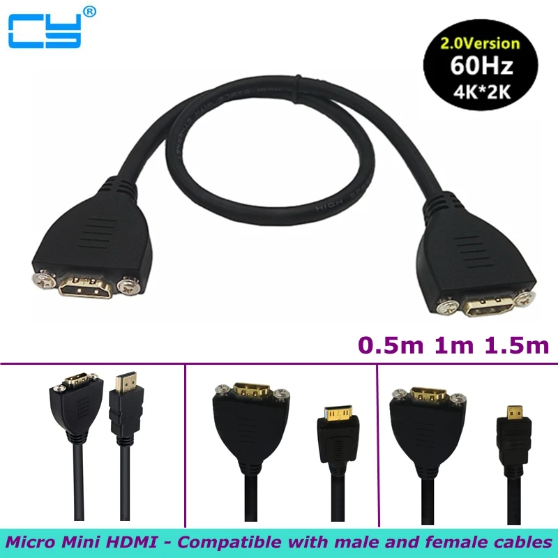 0.5m 1m 1.5m Gold-plated 4K Micro Mini HDMI - compatible male female to A female Expansion Cable with Screw Panel Installation