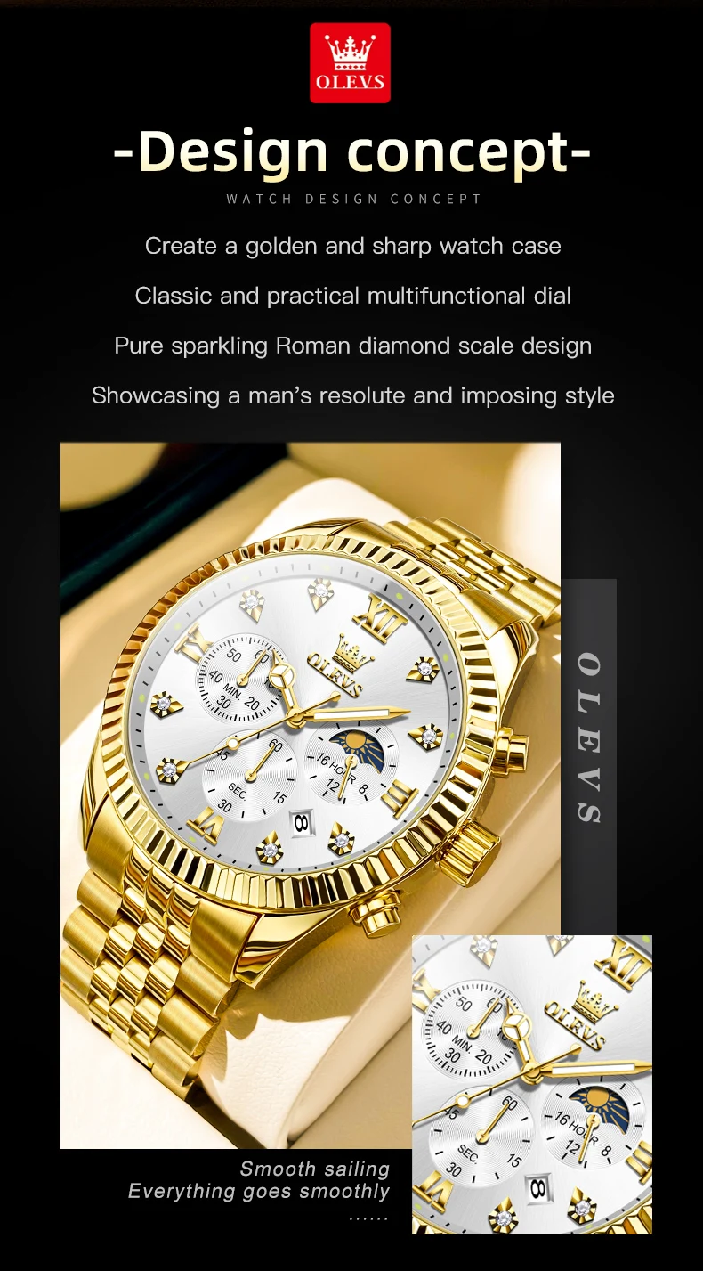 OLEVS 2932 High End Men's Watch Classic Lunar Phase Waterproof Stainless Steel Chronograph Watch Luxury Brand Quartz Men's Watch