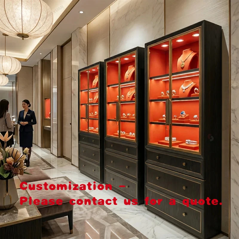 custom.Luxury Tall Black Wood Gold Frame Red Velvet LED High End Jewelry Display Cases Retail Boutique Shangyuan Factory
