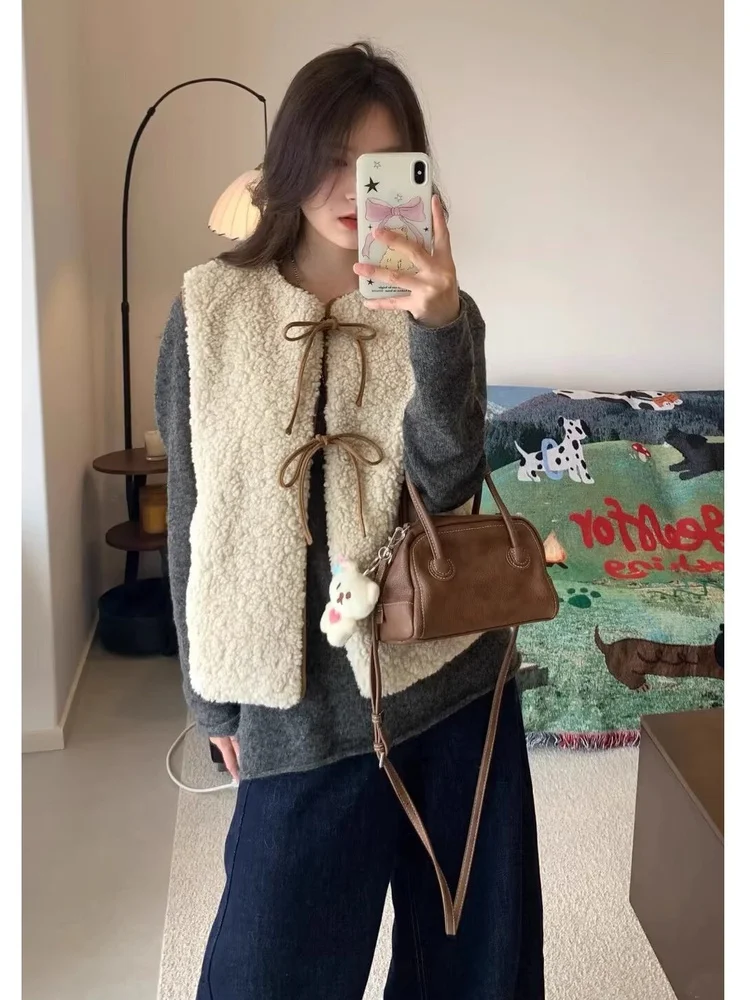 

Новый осенний женский жилет из овечьей шерсти Sweet Fashion Lazy Style с узлами и круглым вырезом, на одной пуговице