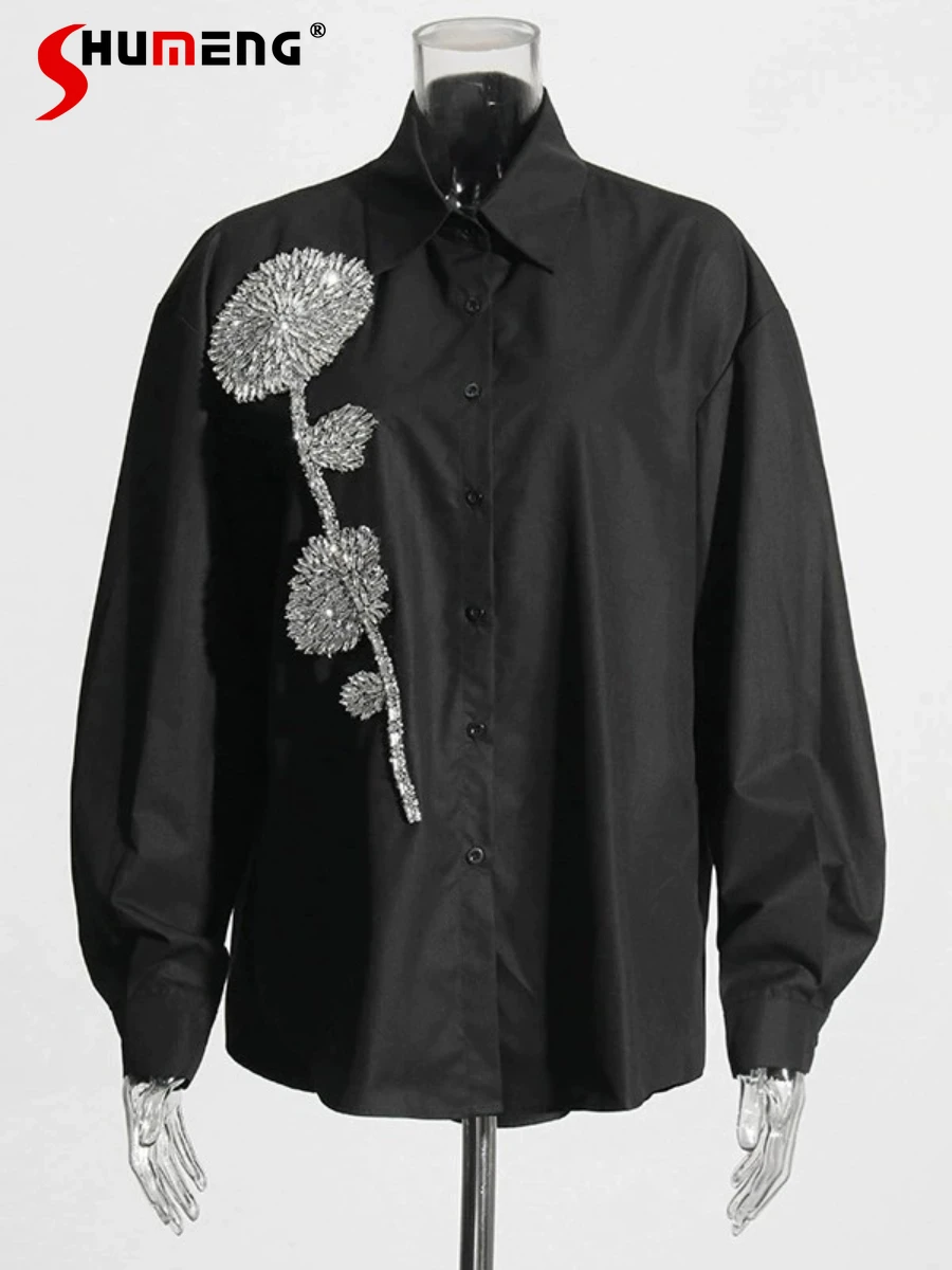 Spring 2024 High-End Shirts Rhinestone Embroidered Flower Loose Comfort Long-Sleeved Shirt Casual Mid-Length Women's Shirts