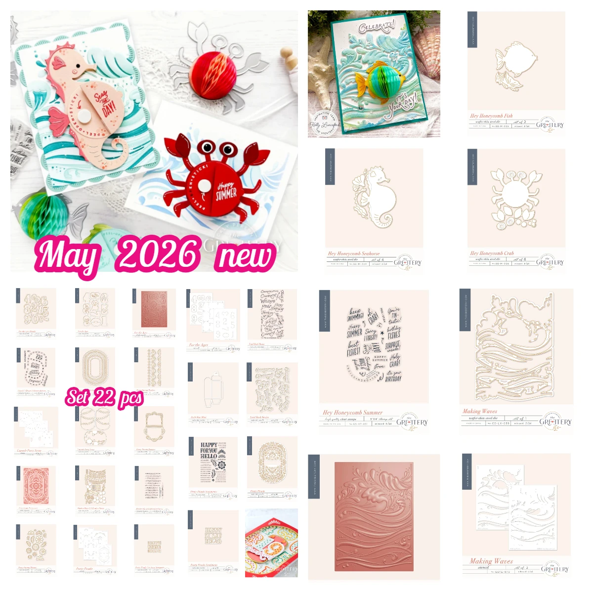 Nuevos troqueles, sellos y plantillas Greetery con diseños de panal de abeja, cangrejo, caballito de mar y pez que hacen olas, para manualidades, álbumes de recortes, tarjetas y calendarios. Novedad de mayo de 2026.