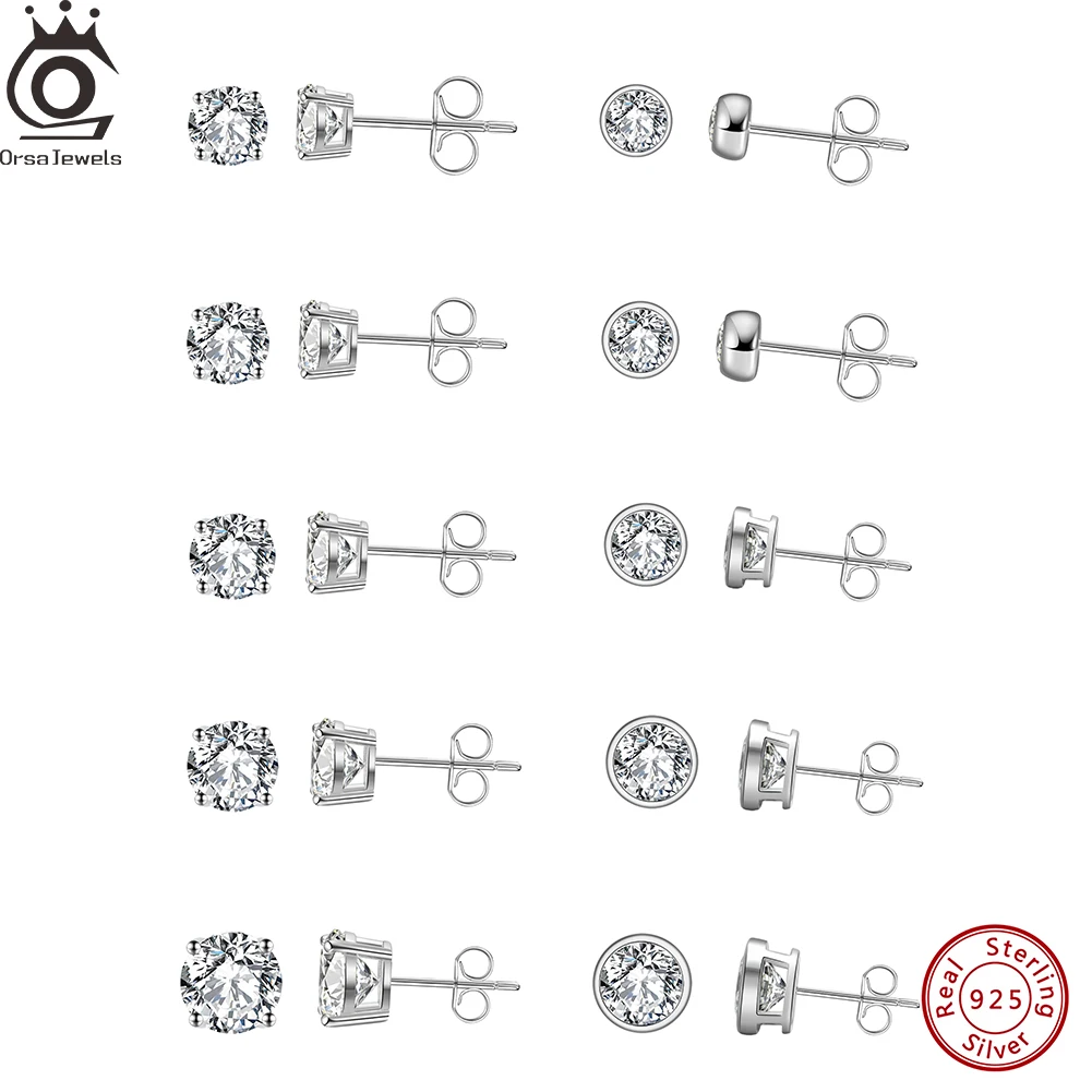 

ORSA JEWELS Rhodium 2/3/4/5/6/7/8mm Genuine 925 Sterling Silver Mini Round Zircon Stud Earrings Crystal Piercing Ear Stud APE33