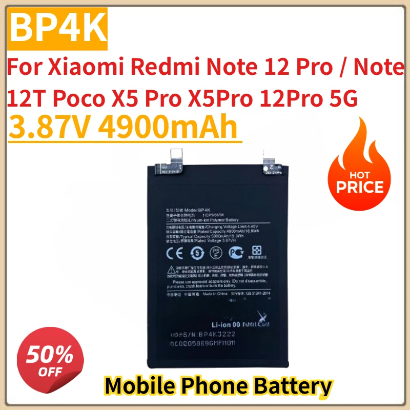 3.87V 4900mAh Battery BP4K For Xiaomi Redmi Note 12 Pro Note 12T Poco X5 Pro X5Pro 12Pro 5G Mobile Phone Battery