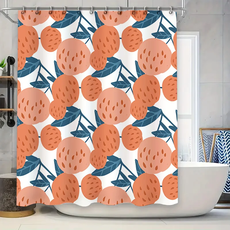 

Strawberry Bath Rug with Green Leaf Waterproof Print Shower Curtain in Pink Orange Navy Blue for Bathroom Decor Size: 72 x 84 in