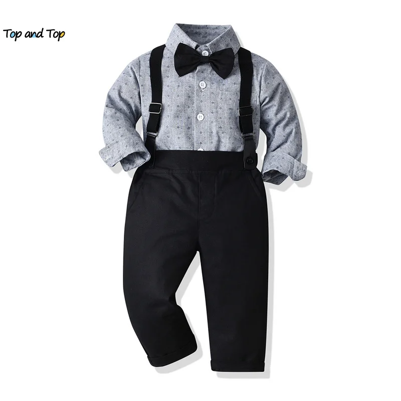 top and top Toddler Kids Boys Gentleman Clothing Set Infant Boy Long Sleeve Bowtie Shirt Tops+Suspenders Pants Casual Outfits