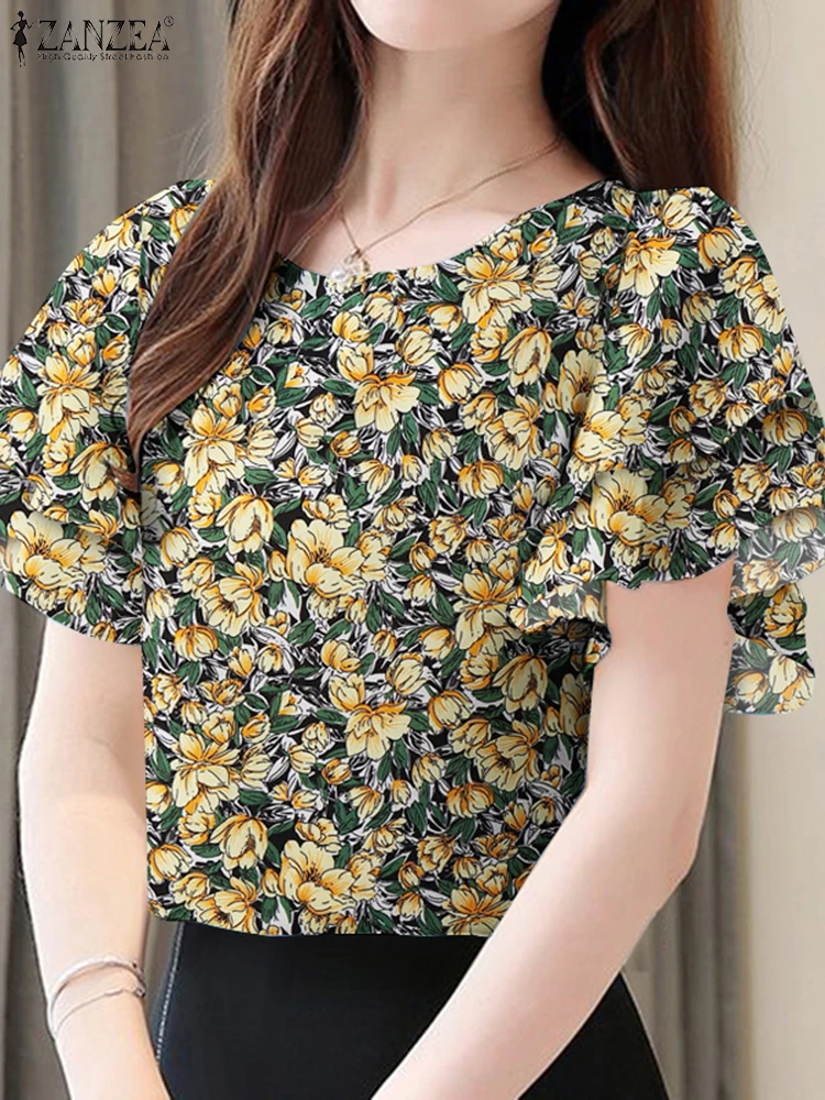 ZANZEA Sommer Böhmische Urlaub Bluse Frauen Floral Bedruckte Tops Elegante Casual Strand Urlaub Hemd O Neck Tunika Blusas Oversize
