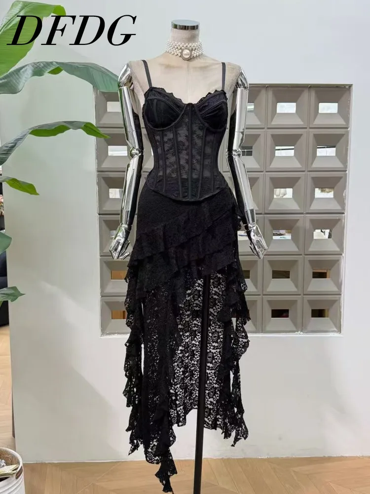 

DFDG Women’s 2025 Lace 2 Piece Set Fishbone Corset Camisole Asymmetrical Ruffled Skirt Boho Vacation Holiday Spring Summer Set