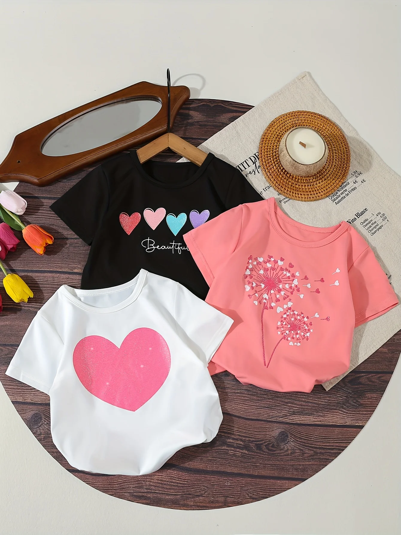 A 3-Piece Summer Heart-Shaped Printed Round-Neck T-Shirt For Girls, A Street Fashion And Versatile Short-Sleeved Top
