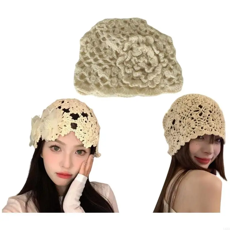 

Y88d легкая выдолбленная крючковая крышка мягкая дышащая вязаная шляпа головная одежда с цветочным аксессуар