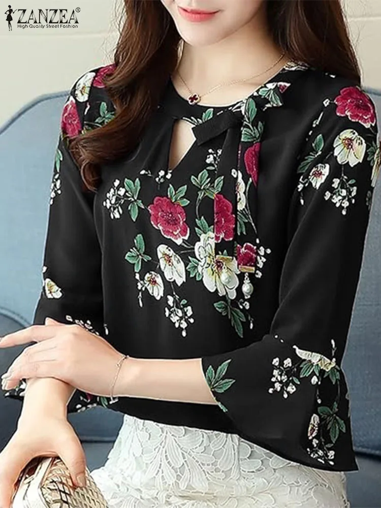 ZANZEA Women Summer 3/4 Sleeve Office Blouse Female Lace Up Tops Bohemian Floral Printed Shirt Casual Loose Work Party Chemise