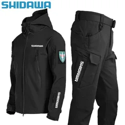 Shidawa Autumn Winter Men's Waterproof Warm Fishing Set Windproof Hooded Jacket+Army Combat Pants Outdoor Hiking Camping Clothes