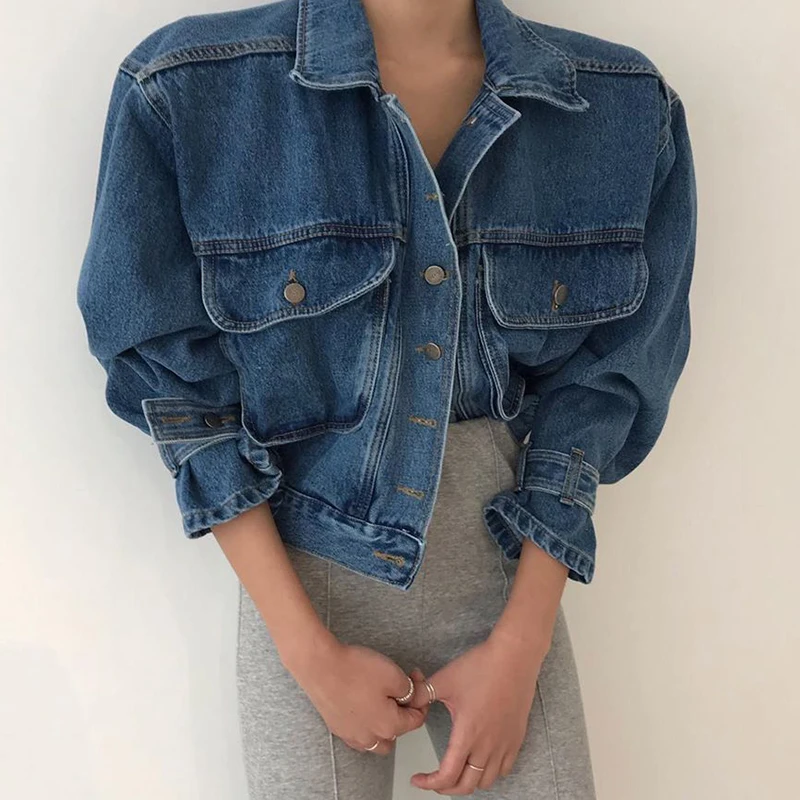 Multi Pocket Blue Bubble Sleeves เสื้อแจ็คเก็ตยีนส์สั้นสําหรับผู้หญิงเกาหลีฤดูใบไม้ผลิฤดูใบไม้ร่วงอเนกประสงค์ Turn-Down COLLAR หลวมเสื้อคาวบอย