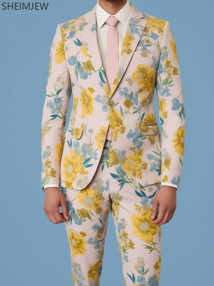 Traje ajustado con flores coloridas para hombre, traje informal con estampado 3d de plantas para boda, chaqueta para el Día de San Valentín, pantalones, conjunto de actuación para fiesta y fiesta