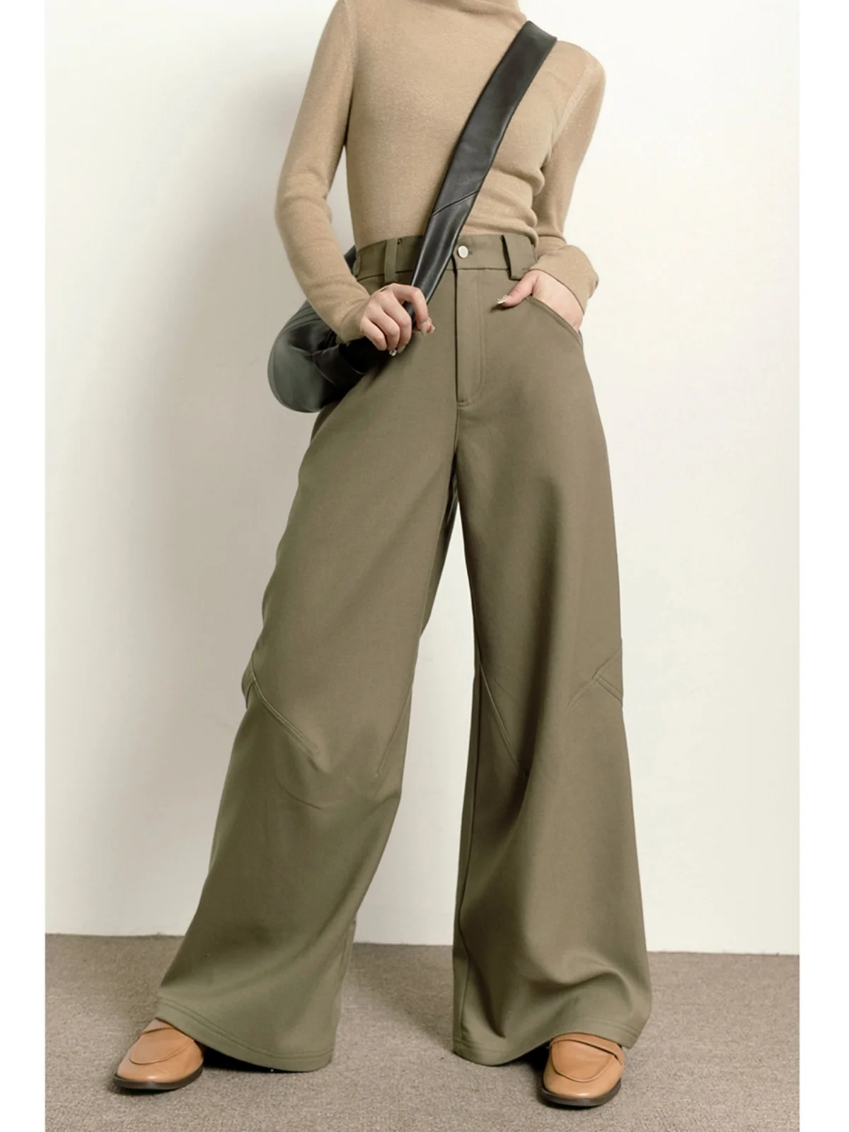 

Женские шерстяные брюки с высокой талией и широкими штанинами, весенне-осенние, двухцветные, с регулируемой талией, в пол, повседневные