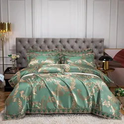 Jacquard Weave Sateen Lace Edge Natural Chic Comforter Cover Set 4Pcs Luxury Soft Satin 1Duvet Cover 1Flat Sheet 2Pillowcases