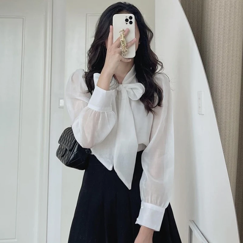 

Chic Sweet Anti-Aging Stand Collar Knot Design Lace Micro Translucent Bubble Sve irt Women's Top Faionable V...