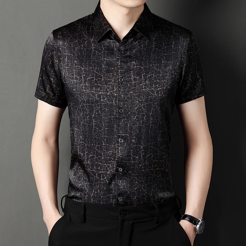 High-End Casual Real Silk Men Shirt Leopard Short Sleeve Premium Summer Quality Soft Comfortable Easy Care Banquet Chemise Homme