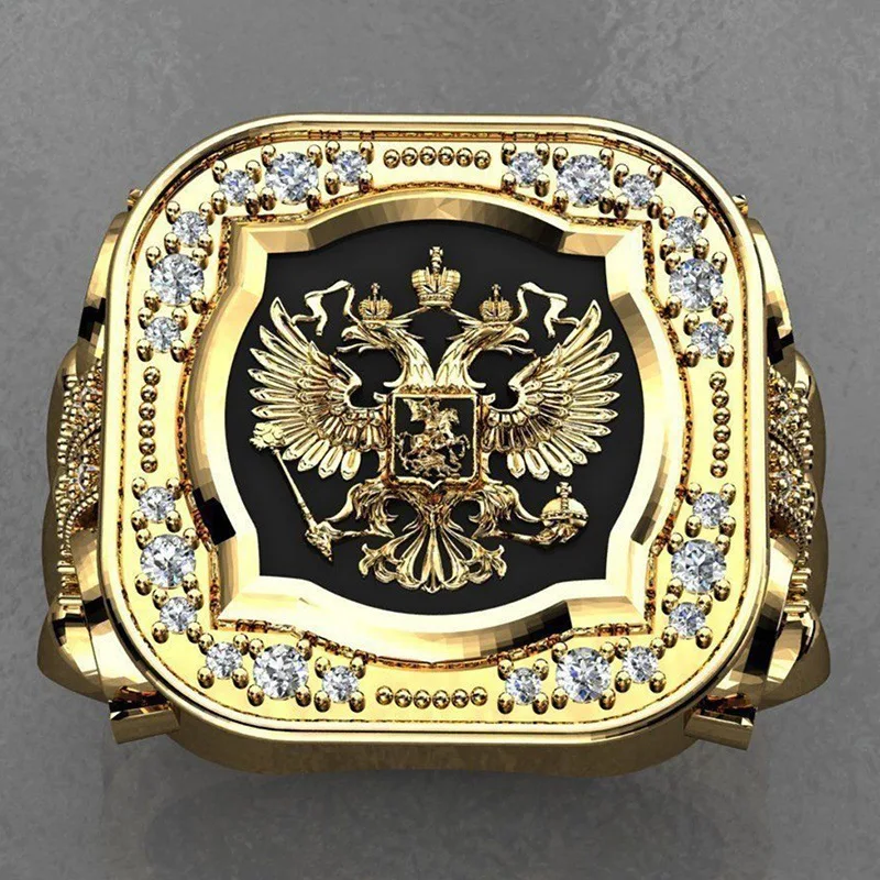 New 2023 Vintage Mens Jewellery Gold Plated Zircon Stamp Rings for Men Stainless Steel Badge Ring Hip Hop Punk Party JewelryGift