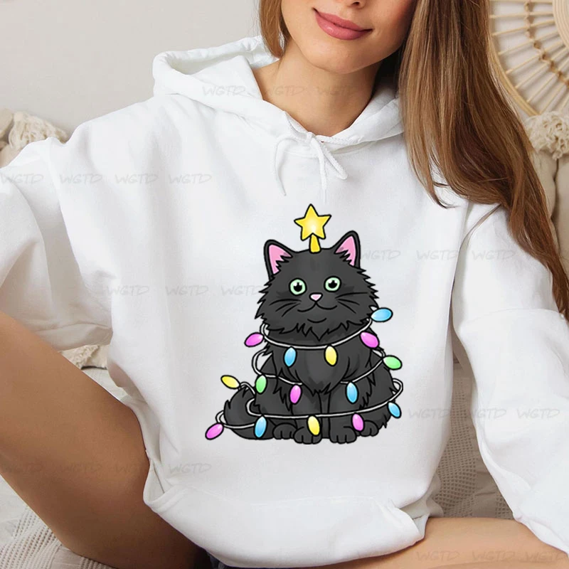 Women’s Graphic Funny Comic Black Cat Christmas Long Sleeves Hoodies Casual Cartoon Creative Merry Christmas Female Sweatshirts