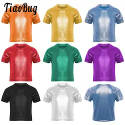 Boys Girls Metallic Shiny T-shirts Dance Tops Short Sleeve Bright Blouse Dancewear for Jazz Hip Hop Modern Dance Performance