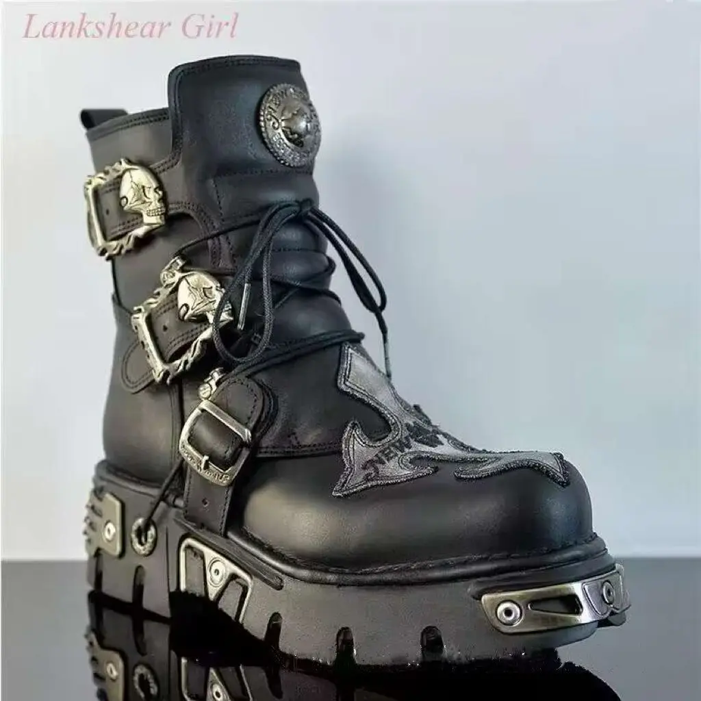 Brand Design New Unisex  Leather Boots Silver Skull Devil Goth Punk Metallic Boots Large Size 35-48