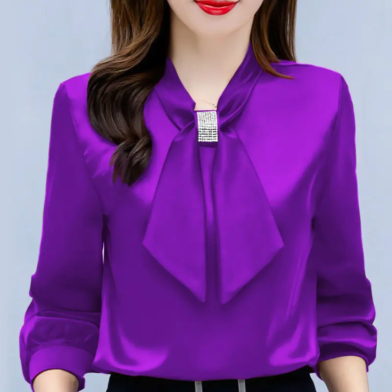 Büro Dame stilvolle V-Ausschnitt Schleife Bluse Frühling Herbst einfarbig grundlegende Damen bekleidung Langarm schicke Diamanten koreanisches Hemd