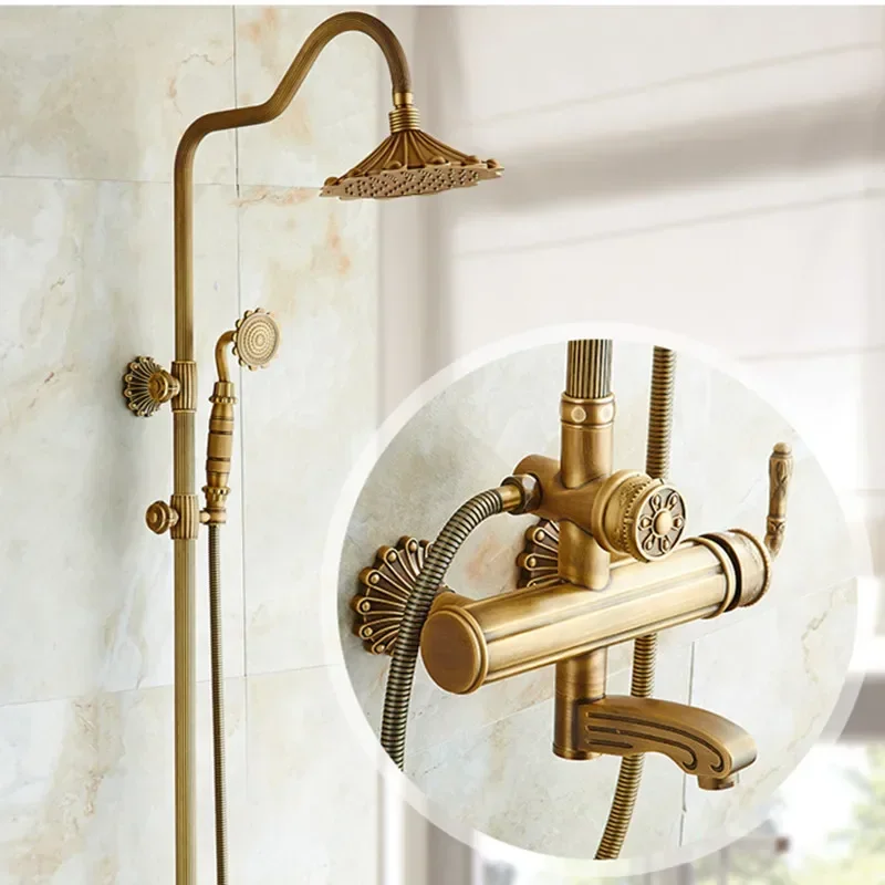 Shower Faucets Set Antique Bathroom Rain Shower Wall Mounted Hand Held Brass Shower System Bath Chuveiro Do Banheiro