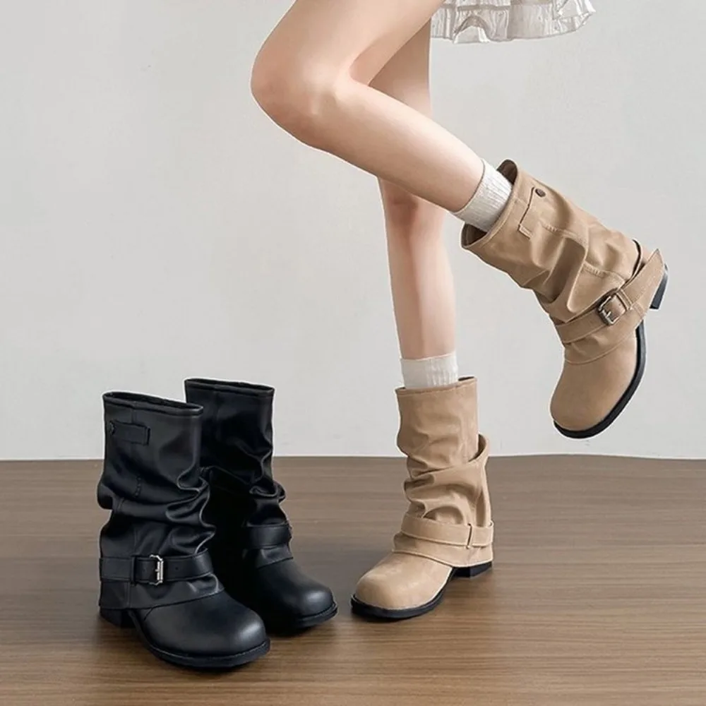 Women Slouch Fold‑Over Mid Short Boots,Single Metal Buckle Ruched‑Tube Round Toe Hidden Height‑Increase Casual Boots Black Khaki