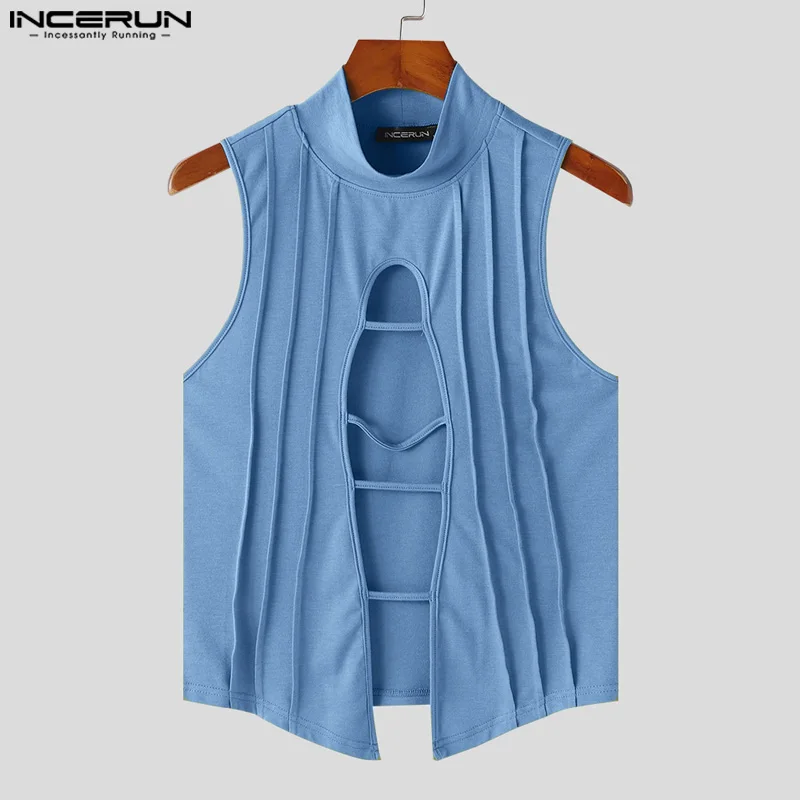 INCERUN Men Tank Tops Solid Turtleneck Sleeveless Hollow Out Irregular Vests Summer Streetwear 2024 Fashion Casual Men Clothing