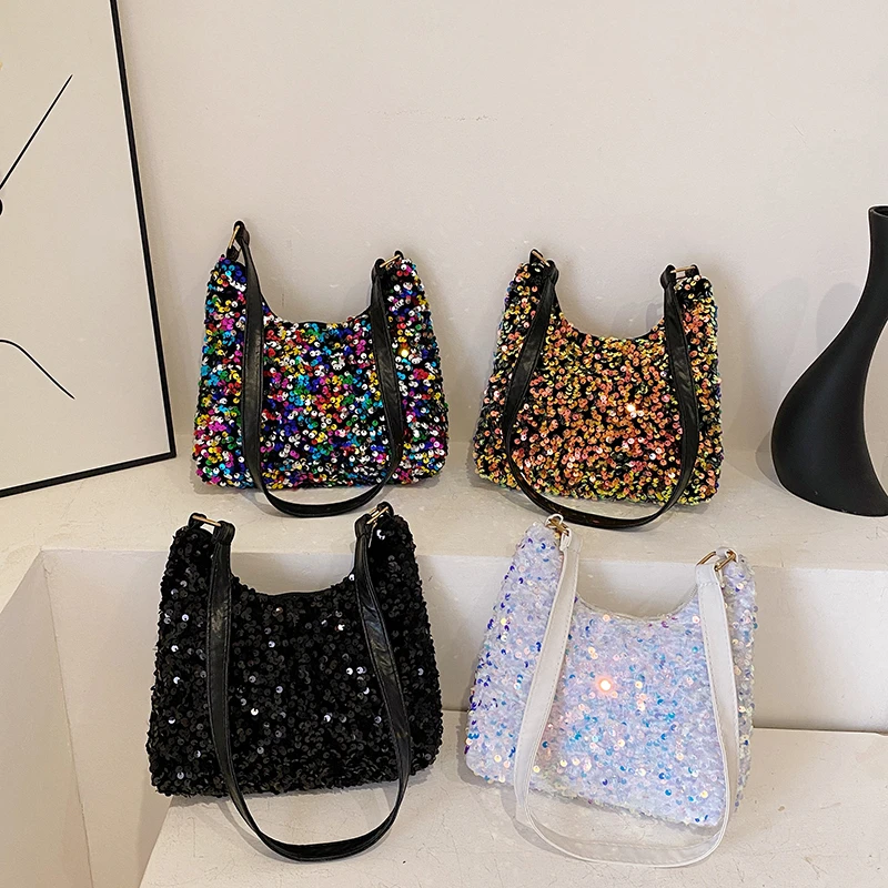 Fashion Women's Sequin Decorated Hobo Bag Black/Silver for Parties Daily Outings Stylish Compact Trendy Evening Bag