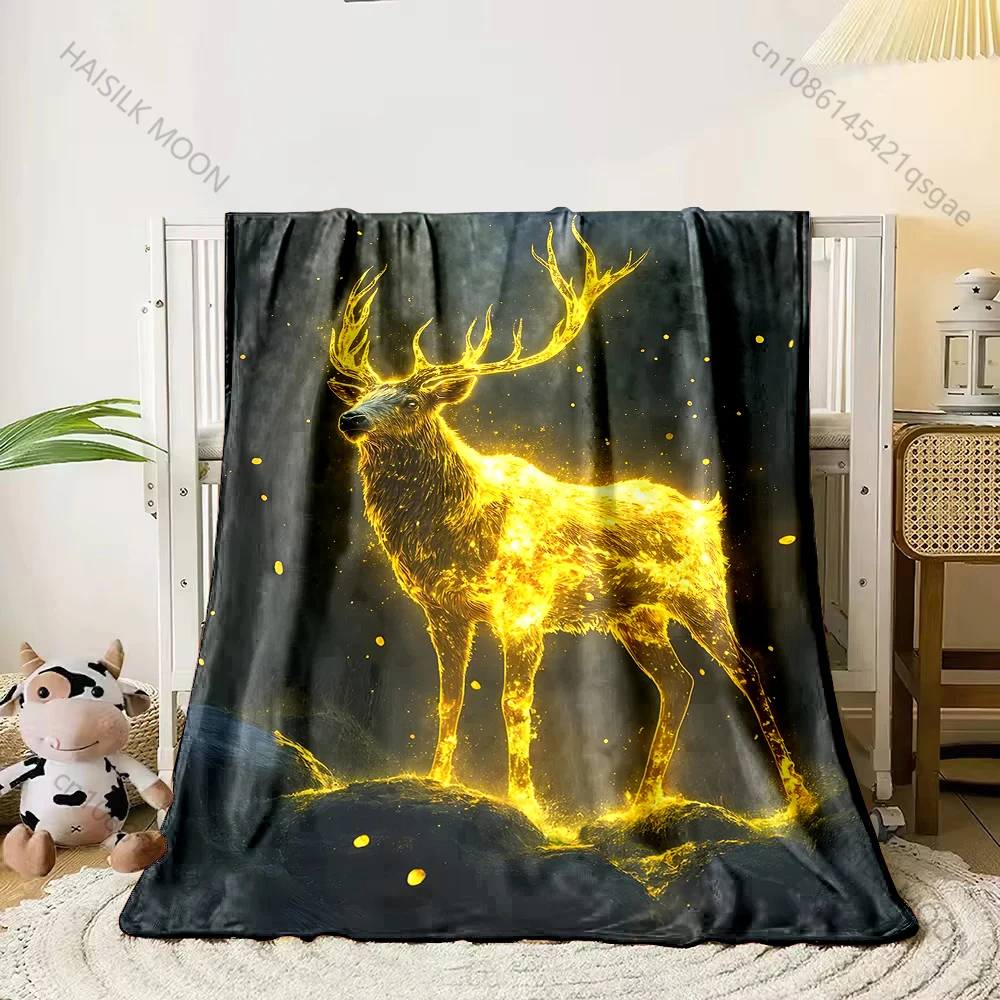 1PC Glowing deer stands on rocks Print Adult Children Warm Blankets Home Travel Car Soft Comfortable Suitable for all seasons