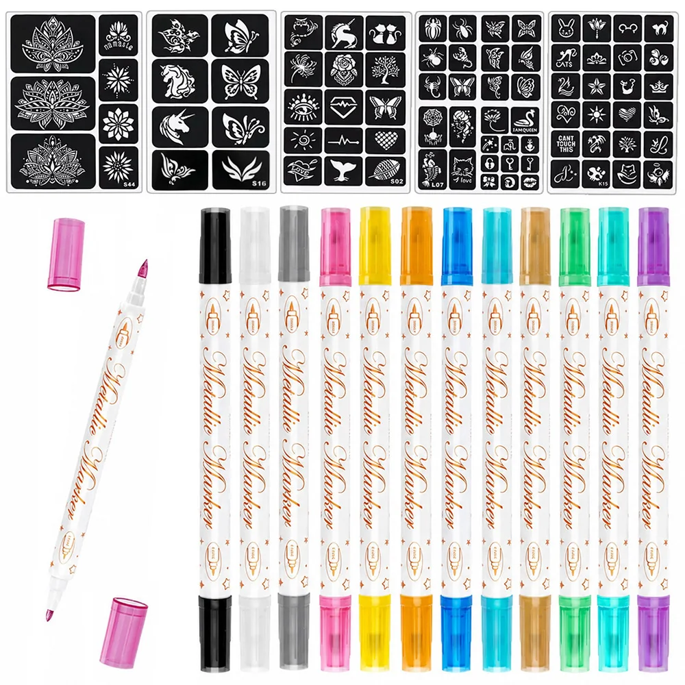 Temporary Tattoo Markers Pen 12 Colors with 80 Tattoo Stencil Designs Cosmetic Dual-Ended Tattoo Pens for Body Face Tattoo