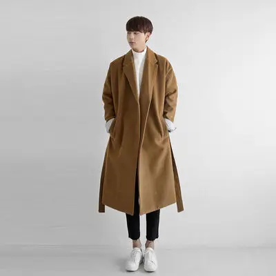 Fashion Blends Coat Belt Overcoat for Men Black Winter Long Coat