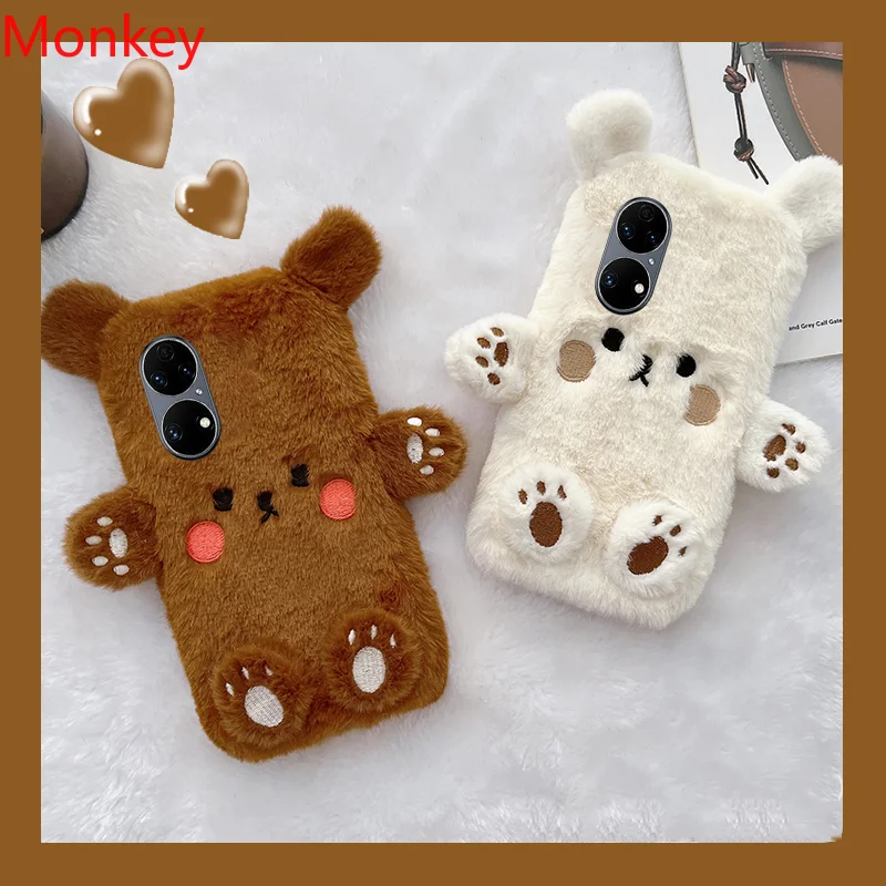 Cute Brown Bear Fur Phone Cases For Huawei P50 Pro P40 P30 Lite P20 Mate 20 Nova 9SE 2I 3I 7I 8I 5T Autumn Winter Tpu Case Cover