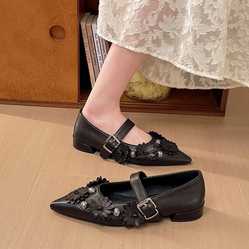 

French Women's Soft Leather Singles Shoes 2026 Spring and Autumn New Flower Decoration Pointed Toe Low-heeled Mary Jane Shoes