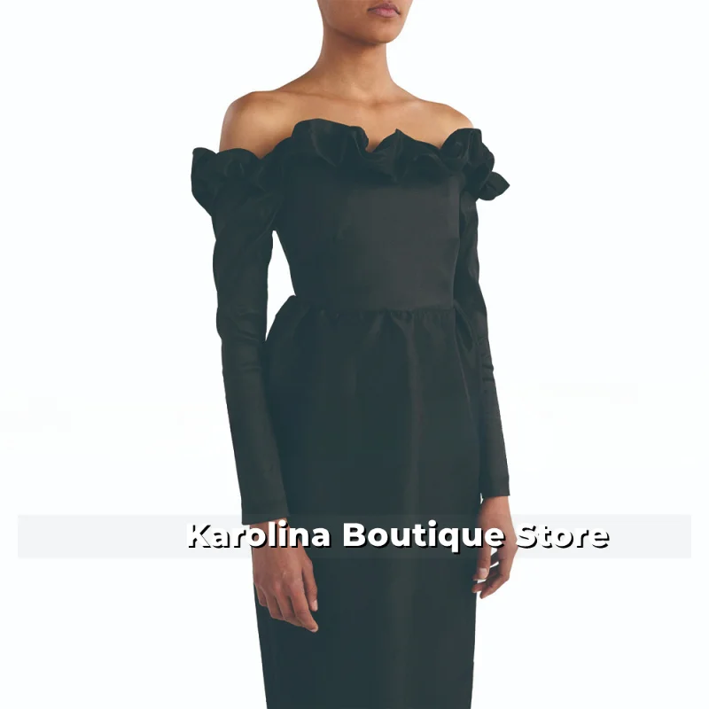 Robe de soirée en Satin noir à volants, épaules dénudées, colonne, manches longues, longueur thé, pour femmes, 2025