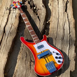 Neck Thru Body Electric Bass Guitar 4 String Cherry Sunburst Color, Upgrade Adjustable Bridge Available, Checkerboard Binding