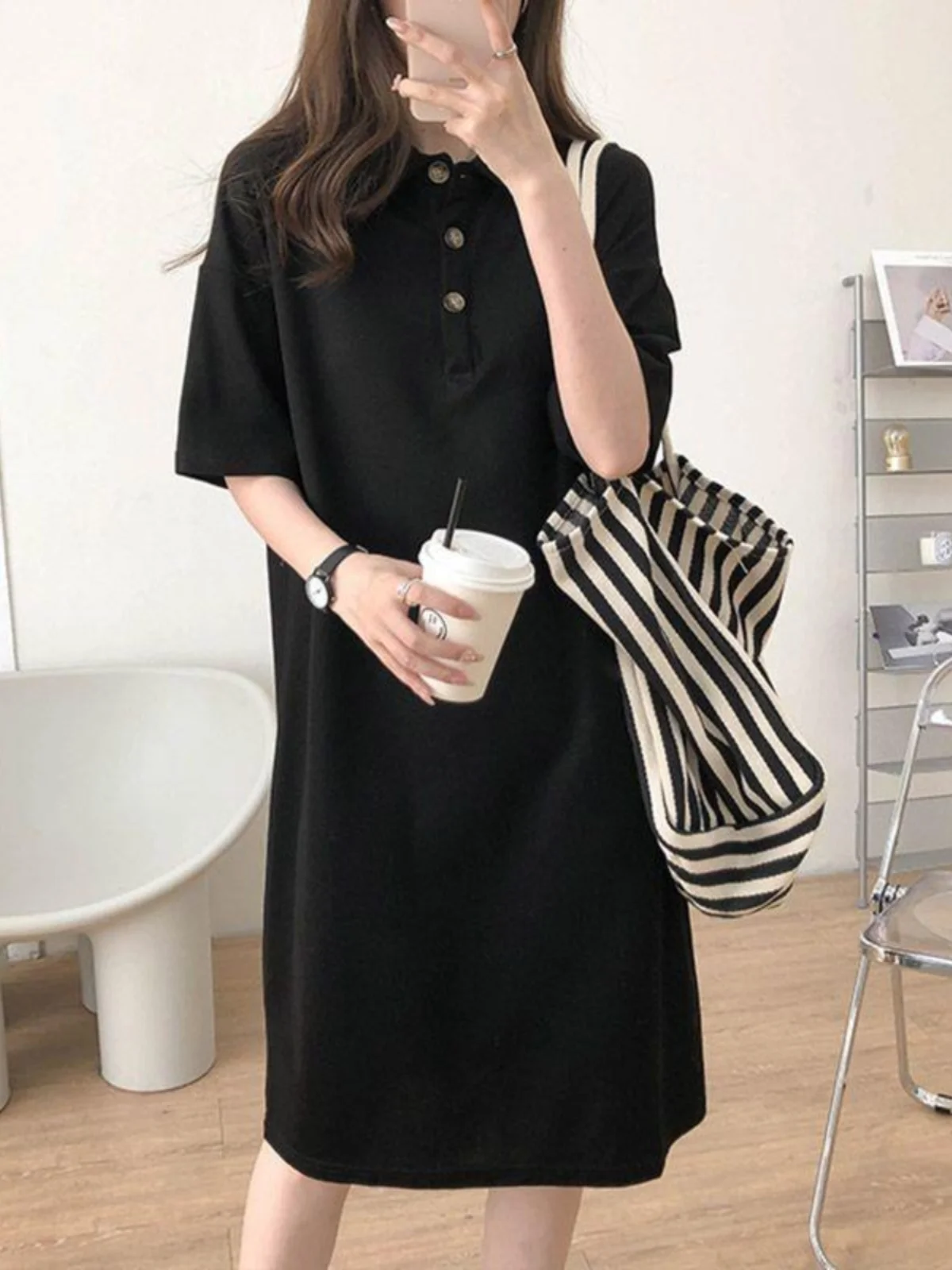 T-shirt Ne grande taille Dr femmes été minceur a-ligne Dr coréen Sle taille haute fibre de polyester ort Sve mi...