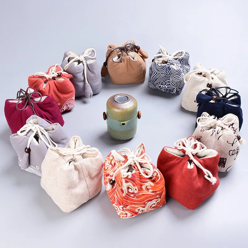 Bunched Bag Cotton Linen Tea Set Storage Bag Travel Portable Japanese Style Teaware Storage Cloth Bag Tea Cozies ZC358